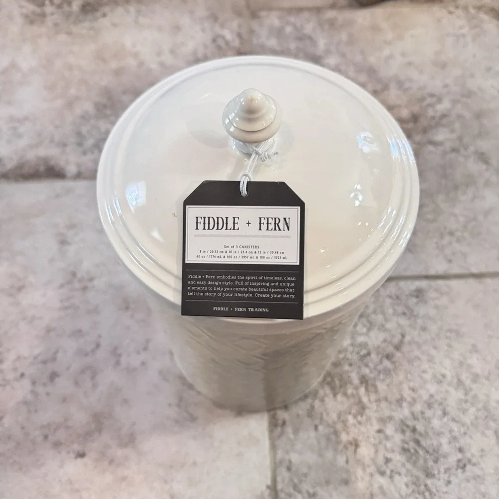 Fiddle & Fern Old Farm Nested‎ Enameled Kitchen Canister Set Tea/Sugar/Flour